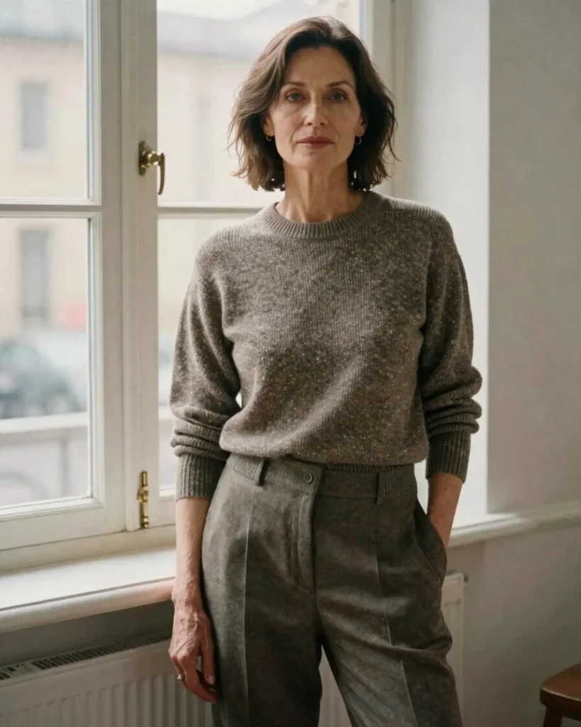 Woman in a grey sweater, a capsule wardrobe staple