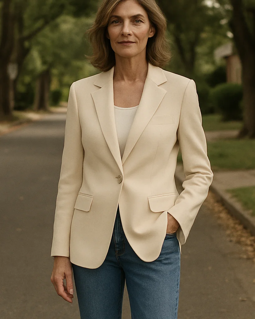 Woman in a cream blazer for office-to-dinner dressing
