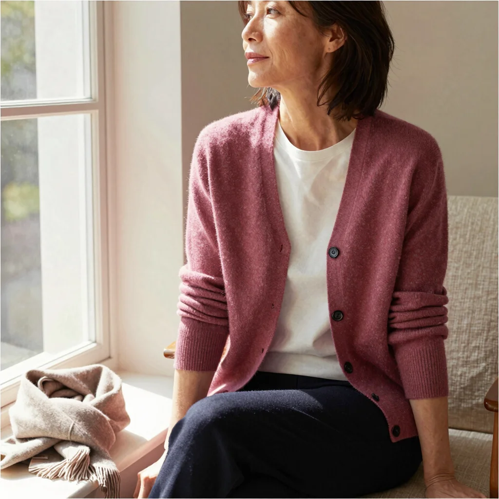 Woman in a pink cardigan and summer outfit